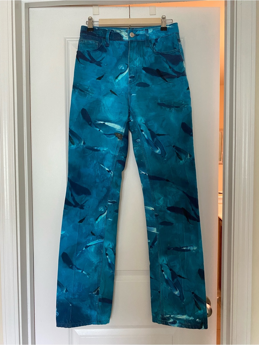 Zara Turquoise Shark Print High Rise Straight Leg Denim Pants